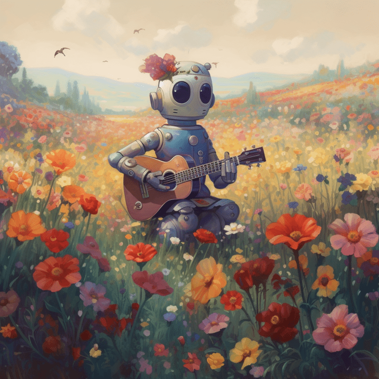 robot dans un champ de fleurs