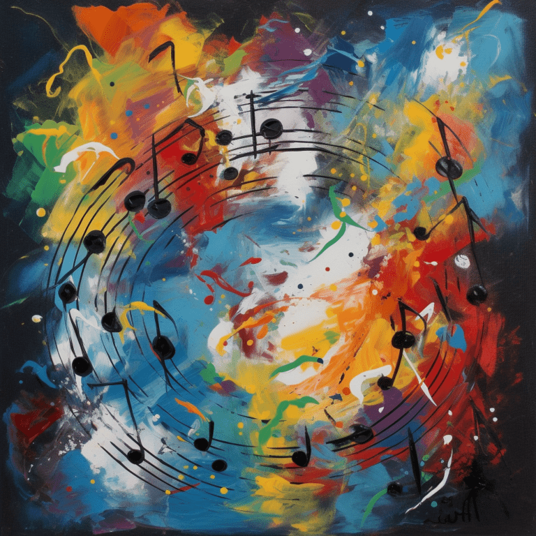 Peinture abstraite sur la musique, plein de couleur et des notes qui flottes.